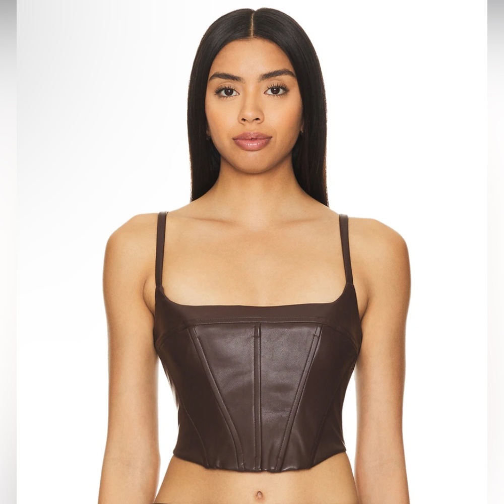 New NWT NBD Aurora Top in Chocolate Brown leather corset crop revolve